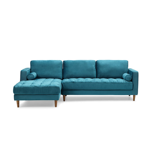 Blue Velvet Sectional Sofa with left chase on white background