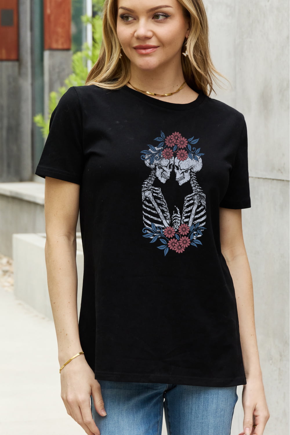 Lovers Skeletons with Flower Crowns Graphic Cotton Tee