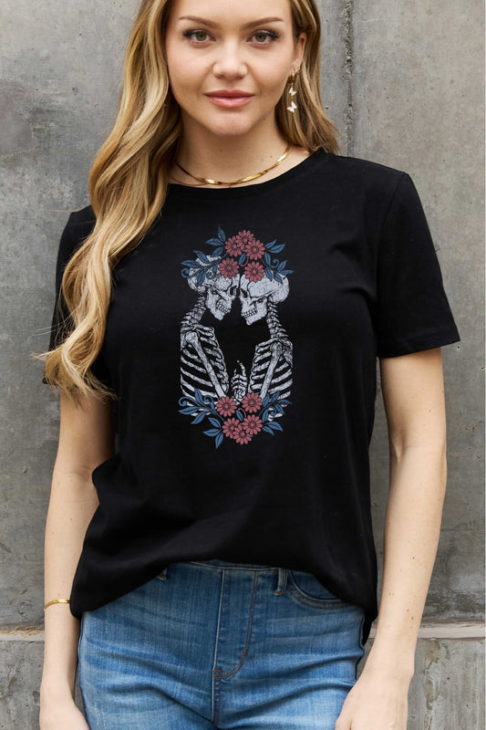 Lovers Skeletons with Flower Crowns Graphic Cotton Tee