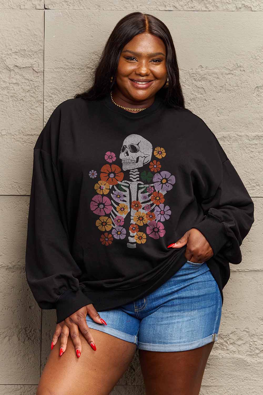 70s-inspired Skeleton & Flower Drop Shoulder Sweatshirt