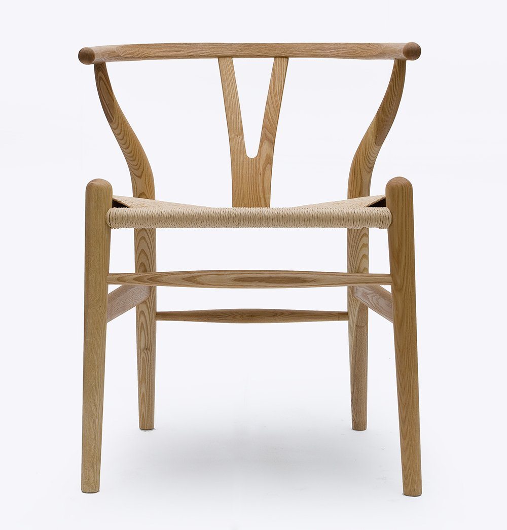 bottom up view of ash wishbone chair with natural rattan seat