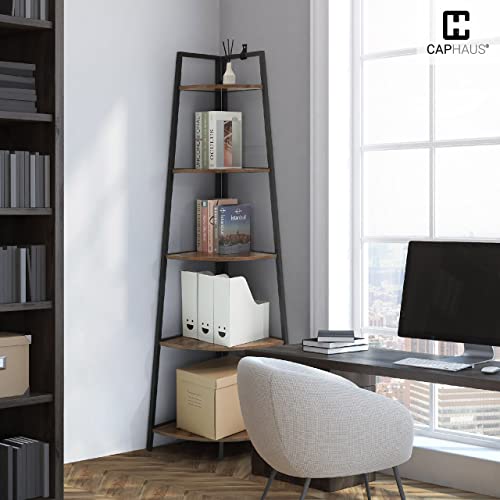 corner shelf with office supplies in a home office