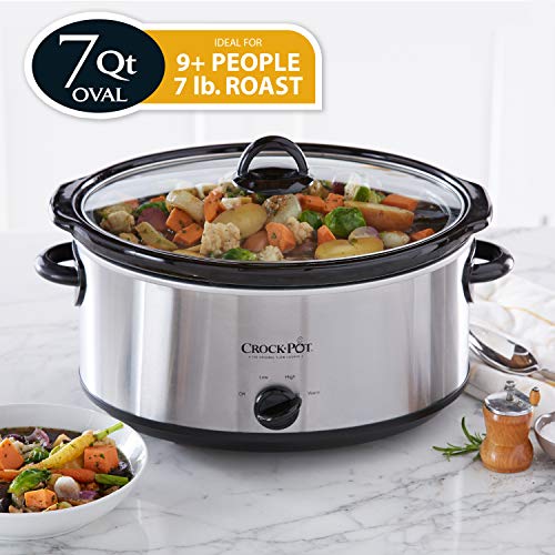 Modern Day Cauldron - 7 Quart Oval Crock-Pot with food inside on kitchen counter. The 7 quart oval size is rated to fill 9 plus people and fits a 7 pound roast