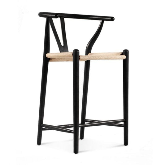 black counter stool with natural rattan seat