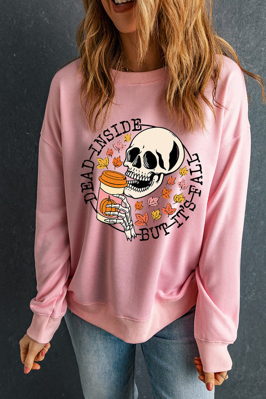 "Dead inside but it's fall" sweatshirt with skulls front