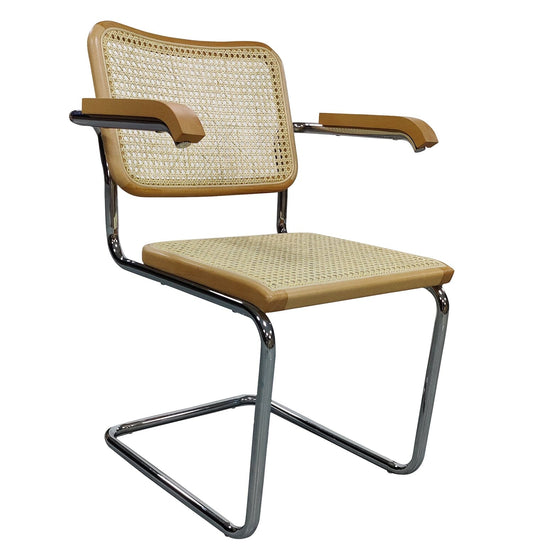 emy armchair in natural wood, chrome, and natural rattan