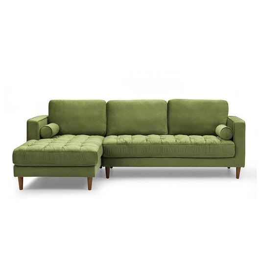 Luxurious Bente Green Velvet Sectional Sofa with chase on left on white background