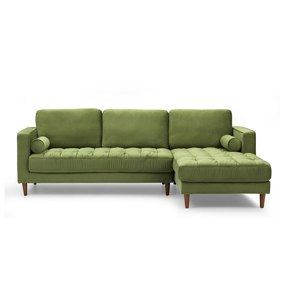 front view of Luxurious Bente Green Velvet Sectional Sofa with chase on right on white background