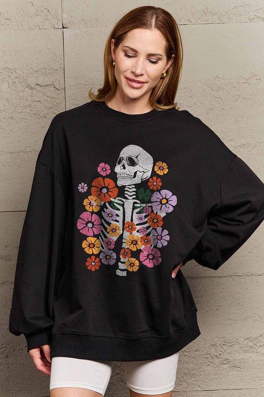 70s-inspired Skeleton & Flower Drop Shoulder Sweatshirt