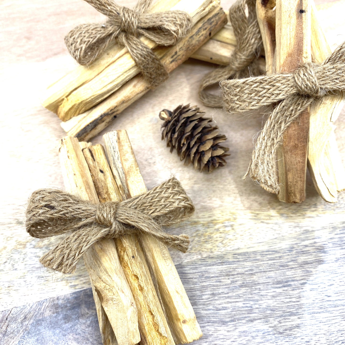 Palo Santo 5 Piece Smudge Sticks bundled in burlap ribbon on a table next to a pine cone